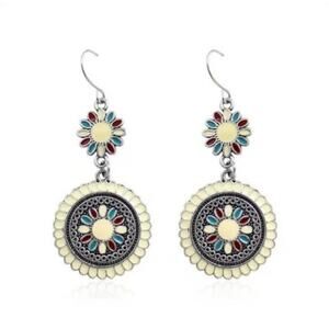 Flower sun medallion enamel accent statement earrings cream and blue